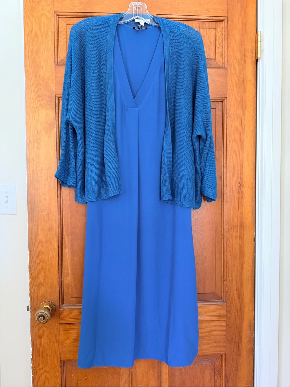 Eileen Fisher Cobalt Blue V-Neck Midi Dress with Knit Open Cardigan